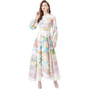 Women's Floral Maxi Dress Polyester Puff Sleeve Button Up Dress for Casual